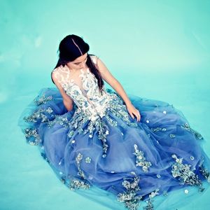 GORGEOUS Blue and Cream/White Gown With Flowers.